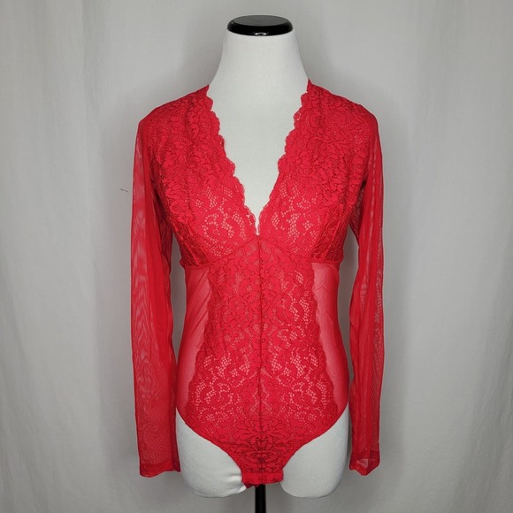 INC International Concepts Not So Basic LS Lace Mesh Bodysuit Red NWT $50 Large - Picture 5 of 12